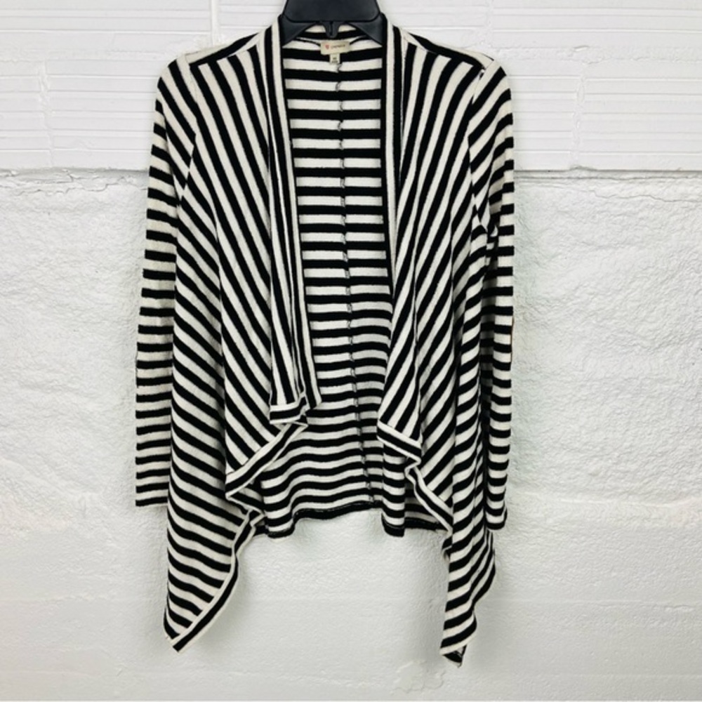DANIEL CREMIEUX Black & white striped open front suede elbow patch cardigan XS